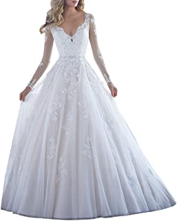Langes Brautkleid aus floraler Spitze mit V-Ausschnitt und langen Ärmeln VKStar 3