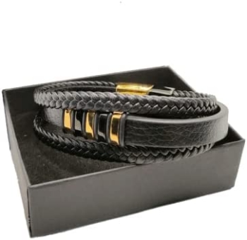 Lilo's/Armband aus echtem Leder geflochten Magnetisiert Mehrfach geflochten und Edelstahl Schwarz und Gold Farbe Gold Generic 51 79