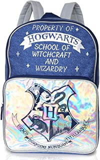 Blauer und silberner Rucksack mit Hogwarts-Thema und Aufdruck im Denim-Stil 45
